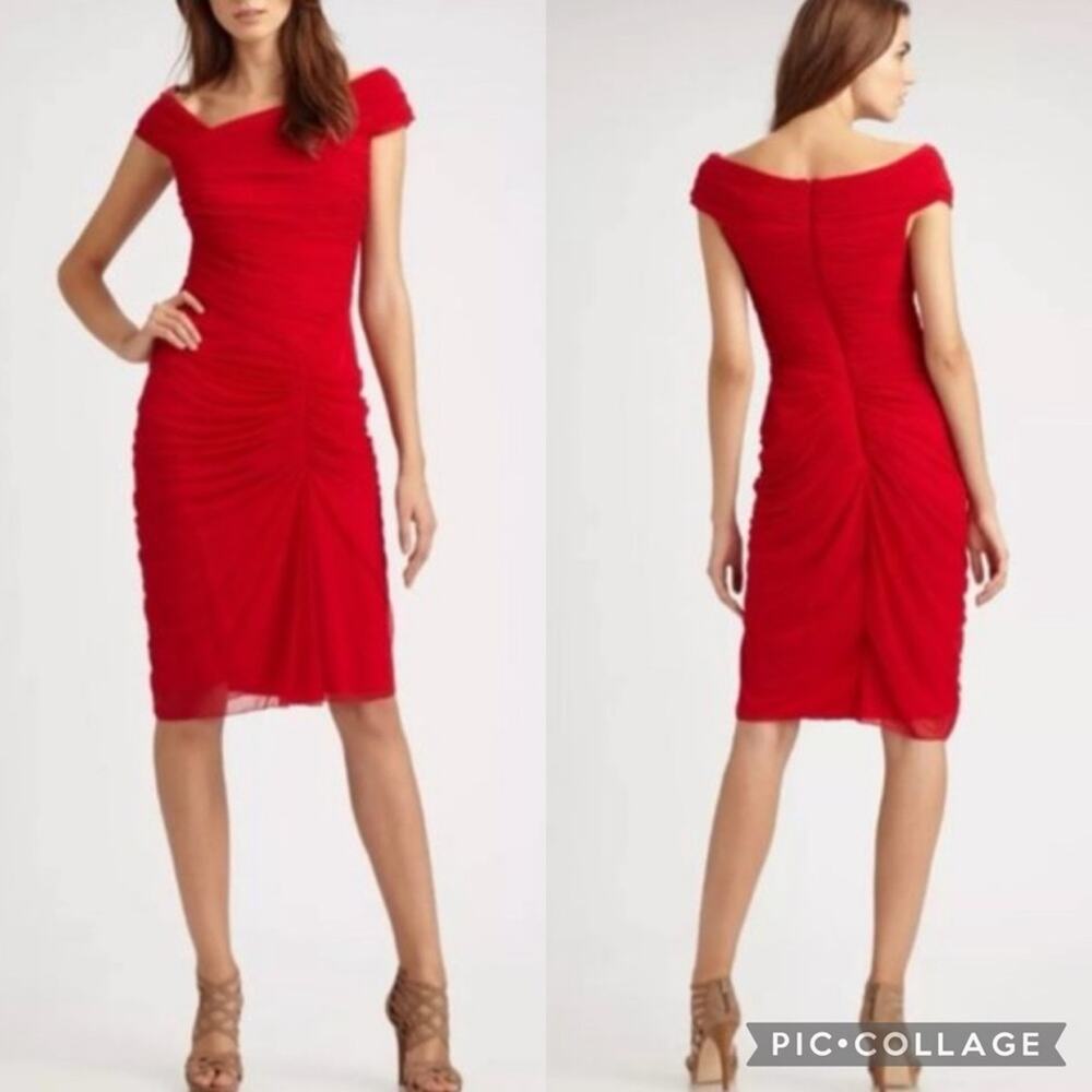 TODASHI SHOJI Asymmetric Ruched Mesh Dress Style 738814MX Vibrant‎ Red Size S